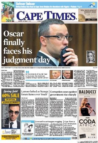 Cape Times trouxe Pistorius em destaque na sua capa de quinta-feira (Foto: Reprodução/Cape Times)