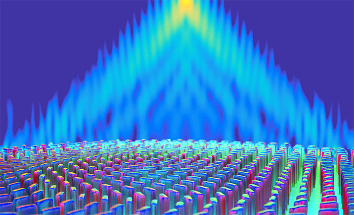 Cada pilar é uma estrutura de dióxido de titânio e que refrate um comprimento de luz (cor) específico para o sensor da câmera (Foto: Divulgação/Harvard)
