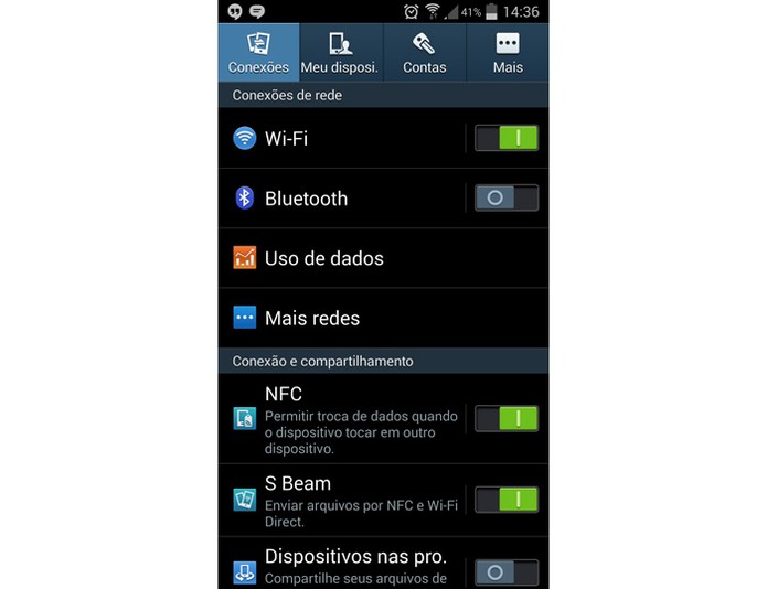 Página inicial do menu de Configurações do Galaxy S4 (Foto: Reprodução)