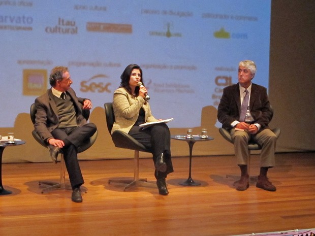 Ivan Giannini, do Sesc (à esq.), Karina Pansa, da CBL, e Paulo Octavio Pereira de Almeida, da Reed, durante coletiva de imprensa da Bienal do Livro de SP (Foto: Cauê Muraro/G1)