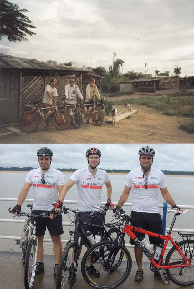 Na primeira foto, feita em 1992, grupo pioneiro de ciclistas que percorreu cerca de 2.500 km da rodovia Transamazônica. Na segunda imagem, a nova formação do grupo: (da esquerda para a direita) Osvaldo Stella, Rodrigo Zanella e Magno Botelho (Foto: Divulgação)