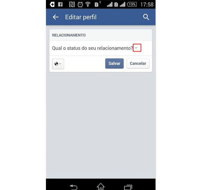 Para Mudar ou Editar o status basta tocar em Relacionamento (Foto: Reprodução) Para Mudar ou Editar o status basta tocar em Relacionamento (Foto: Reprodução)