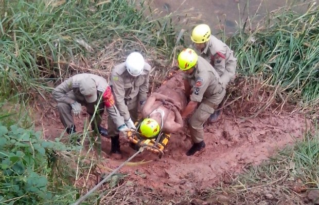 Idoso é resgatado com o corpo coberto de lama no Córrego Cascavel, em Goiânia, Goiás (Foto: Divulgação/Corpo de Bombeiros)