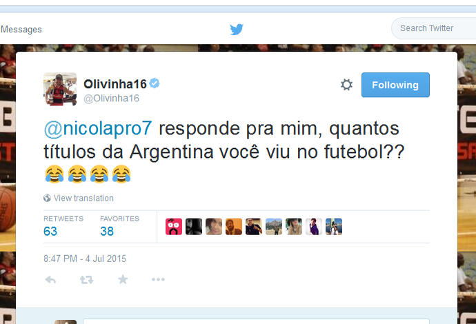 Olivinha manda recado para Laprovittola em rede social (Foto: Reprodução/Twitter)