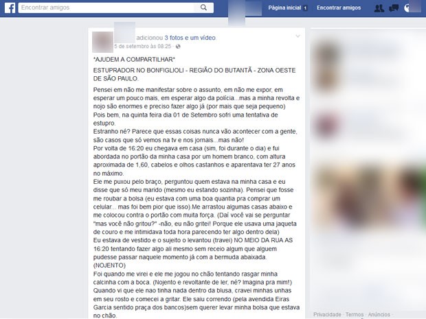 Jovem de 25 anos postou relato da tentativa de estupro no Facebook (Foto: Reprodução / Facebook)