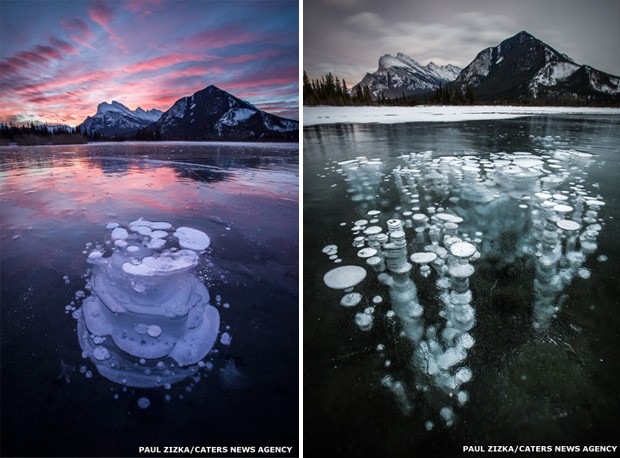 Gelo formado por gás metano em lago congelado no Canadá (Foto: Paul Zizka/Caters News)