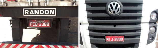 Caminhão tem placas de cidades e estados diferentes (Foto: Rafael Barbosa/G1)