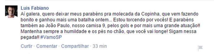 Luis Fabiano elogia garotos do São Paulo na Copinha (Foto: Reprodução/ Facebook)