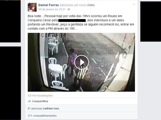 Policial postou vídeo de roubo na internet e conseguiu achar suspeitos (Foto: Reprodução/ Facebook) Policial postou vídeo de roubo na internet e conseguiu achar suspeitos (Foto: Reprodução/ Facebook)