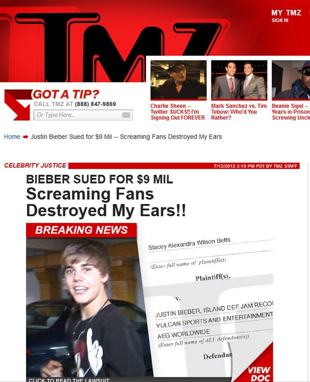 TMZ mostra documento em que mulher processa o cantor Justin Bieber alegando ter sofrido danos auditivos permanentes após leva a filha a um show do artista em 2010 (Foto: Reprodução/TMZ)