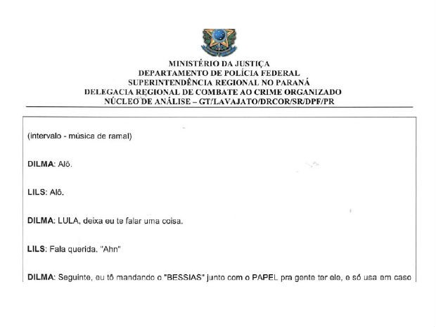 Documento mostra a conversa entre Lula e Dilma (Foto: Reprodução) Documento mostra a conversa entre Lula e Dilma (Foto: Reprodução)