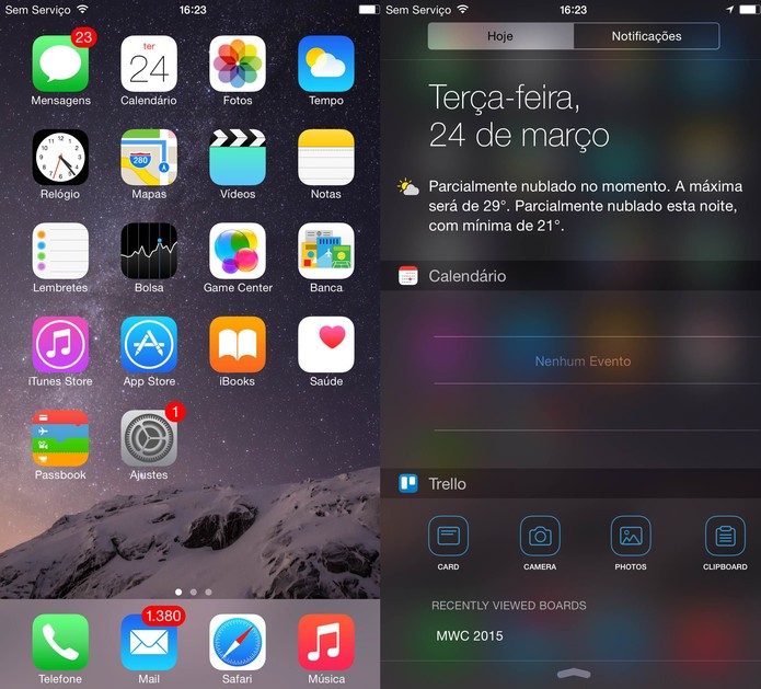 Menu principal e barra de widgets do iPhone 6 Plus (Foto: Reprodução) Menu principal e barra de widgets do iPhone 6 Plus (Foto: Reprodução)