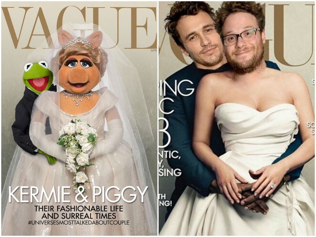 Versões da capa da Vogue com persoangens de 'Os Muppets' e com James Franco e Seth Rogen (Foto: Reprodução)