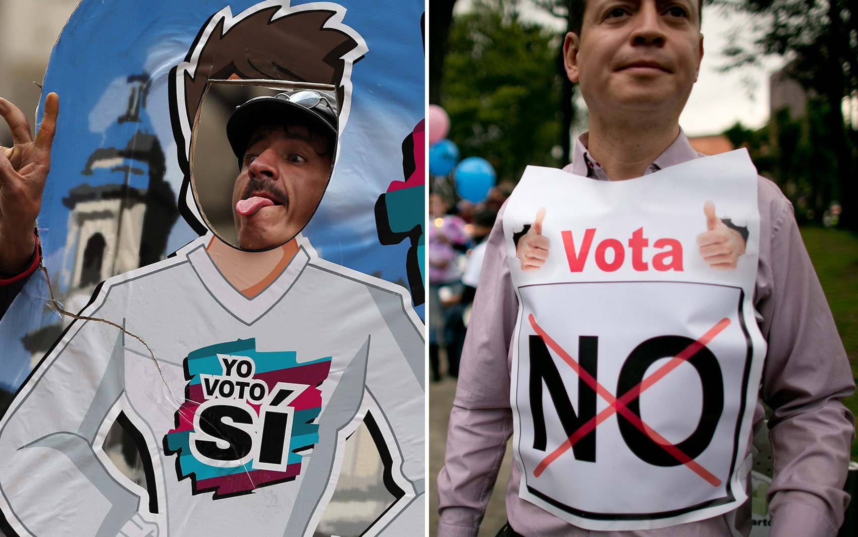 Colombianos se manifestam nesta quinta-feira (29) em Bogotá pelo Sim e pelo Não no plebiscito sobre o acordo de paz deste domingo  (Foto: AP Foto/Fernando Vergara/ Ariana Cubillos)