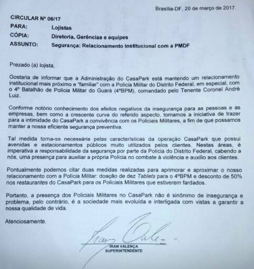 Ofício do Shopping CasaPark que revela acordo com a Polícia Miliar do DF (Foto: Reprodução)