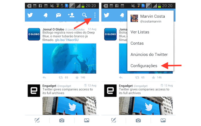 Acessando as configurações do Twitter para Android (Foto: Reprodução/Marvin Costa)