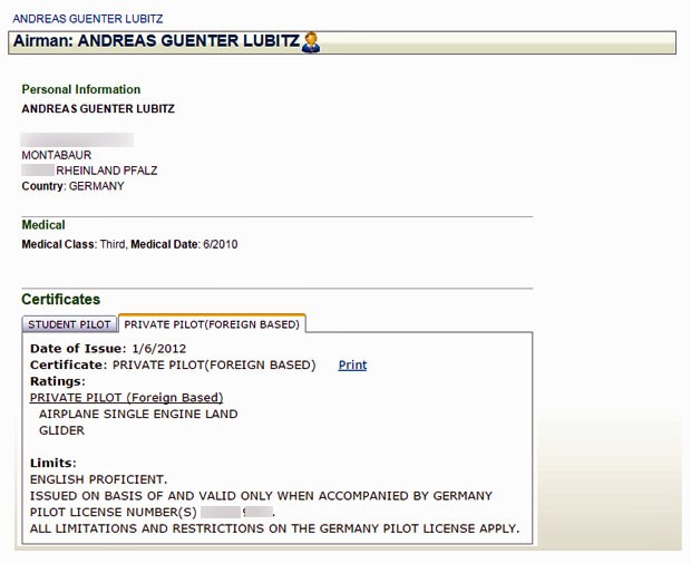 Associao americana de aviao emitiu certificado para Andreas Lubitz em janeiro de 2012 (Foto: Reproduo/FAA)