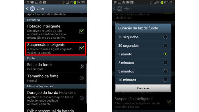 Acione a suspensão inteligente e aumente o tempo de duração da luz de fundo (Foto: Reprodução/Daniel Ribeiro)