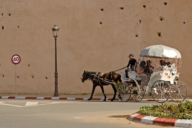 Uma carruagem com habitantes locais passa por um trecho da muralha de 40 km de extensão que ainda protege Meknes (Foto: Haroldo Castro/ Época)
