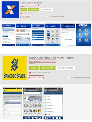 Aplicativos falsos para Android criados por cibercriminosos, 'Caixa para celulares' e 'Banco do Brasil para celulares'. (Foto: Divulgação/Google)