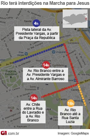 Marcha para Jesus 2013 terá interdições no Centro do Rio  (Foto: Editoria de Arte/G1)