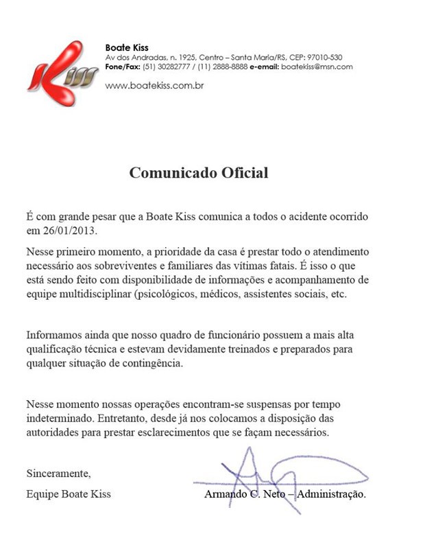 Comunicado oficial da boate Kiss sobre o incêndio em Santa Maria (Foto: Divulgação/Kiss)