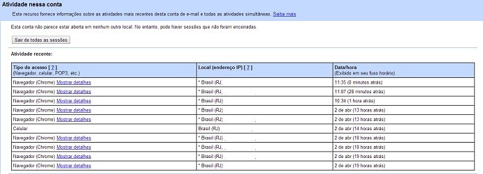 É possível visualizar os últimos 10 acessos aos Gmail (Reprodução/Taysa Coelho)