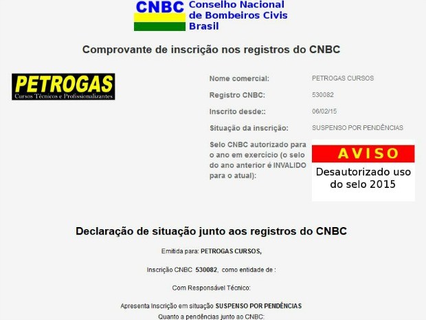 No site do Conselho Nacional de Bombeiros Civis a empresa aparece com pendências (Foto: Reprodução)