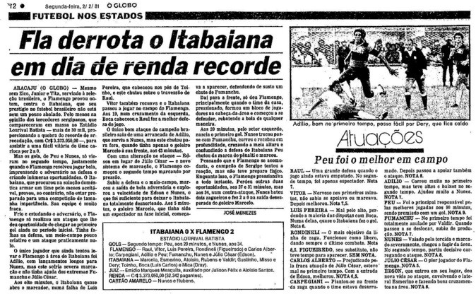 Fla venceu Itabaiana, o campeão local, com gol do sergipano Nunes (Foto: Reprodução O Globo)