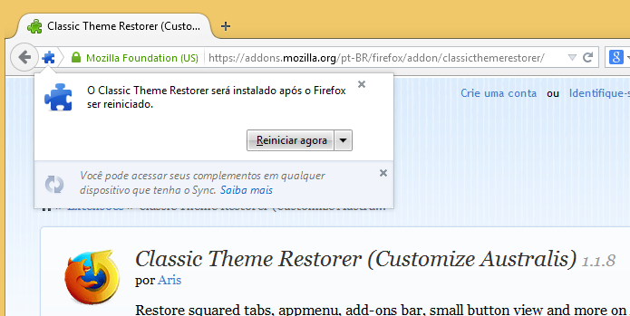 Reinicie o Firefox para aplicar o novo tema (Foto: Reprodução/Helito Bijora)