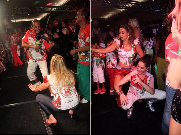 Susana Viera e Christiane Torloni descem até o chão em feijoada da Grande Rio (Foto: Alex Palarea e Rodrigo dos Anjos/AgNews)