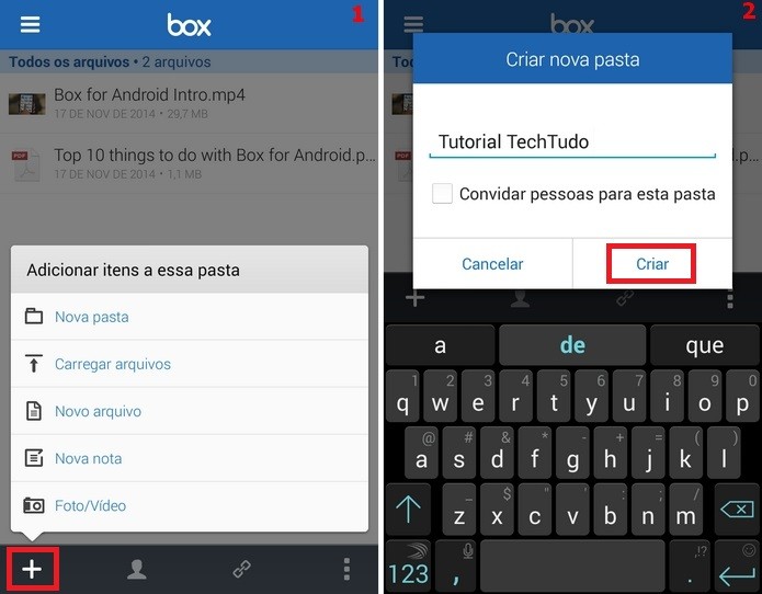Telas para criação de nova pasta no Box com ícones e botões em destaque (Foto: Reprodução/Raquel Freire)