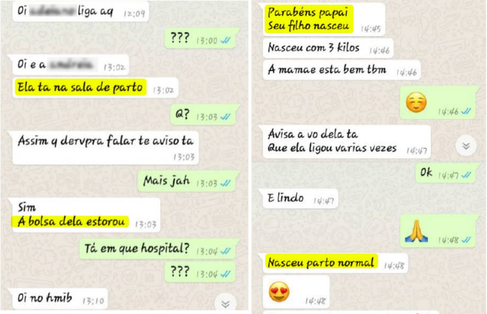 Prints mostram conversa de suspeita de sequestro (fundo branco) e esposo (fundo verde), durante o dia do crime (Foto: WhatsApp/Reprodução)