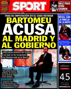 Capa do jornal Sport com as acusações de Bartomeu (Foto: Reprodução)