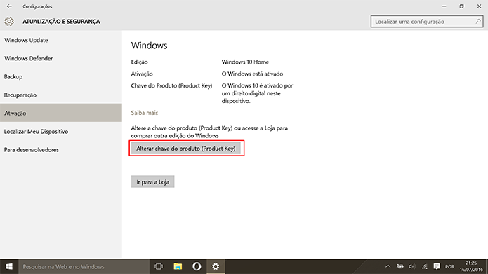 Usuário deve escolher a opção de alterar chave do Windows 10 Home para fazer upgrade (Foto: Reprodução/Elson de Souza)