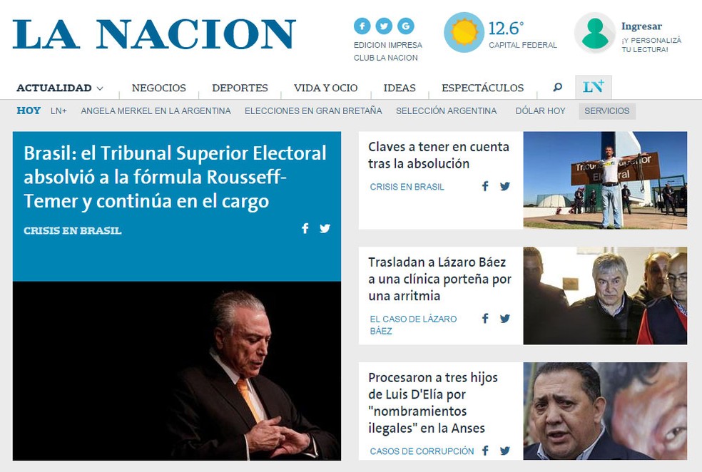 'La Nación' noticia decisão desta sexta pelo TSE na manchete de seu site (Foto: Reprodução/ La Nacion)