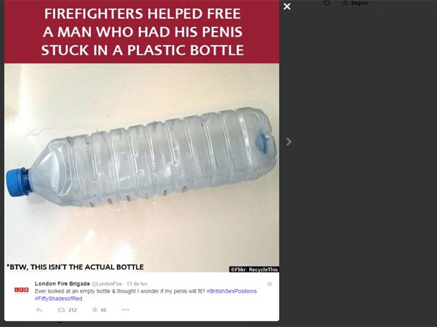 Campanha 'Ciquenta tons de vermelho' do corpo de bombeiros de Londres: 'Bombeiros ajudaram a salvar um homem que tinha o pênis preso em uma garrafa de plástico' (Foto: Reprodução/Twitter/LondonFire)