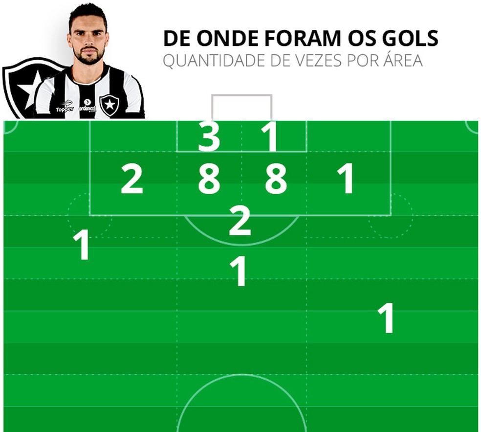 Regiões do campo onde saíram os gols do Botafogo em 2017. Pimpão marcou três na Libertadores dentro da área (Foto: Infoesporte)