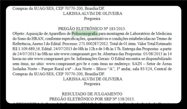 Trecho do Diário Oficial do DF de 24 de julho de 2013, sobre compra de polissonógrafo para a rede pública de saúde (Foto: Diário Oficial do DF/Reprodução)
