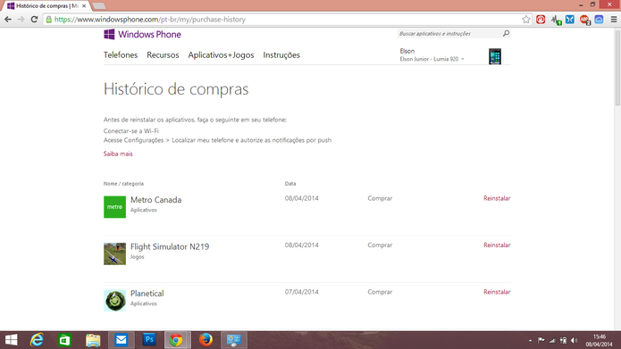Histórico de compras da loja do Windows Phone oferece a opção de reinstalar apps através do navegador (Foto: Reprodução/Elson de Souza)