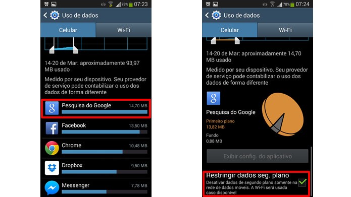 Veja os apps que mais utilizam o 3G e marque a caixa de seleção em destaque para restringir o seu funcionamento (Foto: Reprodução/Daniel Ribeiro)