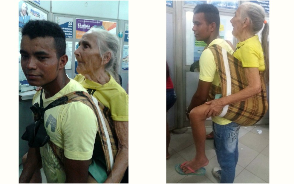 Parente carrega idosa nas costas para ir à lotérica em Rio Branco (Foto: Conceição Benício/Arquivo pessoal)