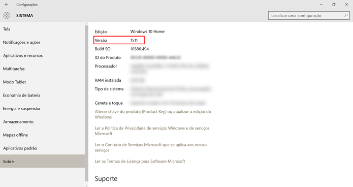 Windows 10 precisa estar na versão 1511 para atualização para versão Pro (Foto: Reprodução/Elson de Souza)