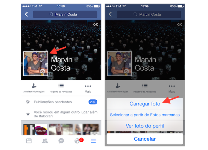 Acessando as fotos do iPhone para alterar a imagem de perfil no Facebook (Foto: Reprodução/Marvin Costa)