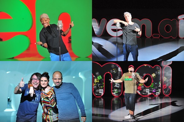 Mais gente: Mart'nália, Di Ferrero, Lenine, Fernanda Abreu, o diretor do clipe, Oscar Rodrigues Alves, e Digão, dos Raimundos (Foto: João Miguel JR./Rede Globo)