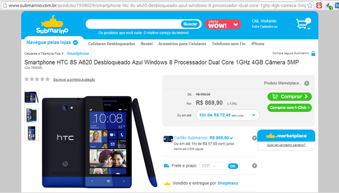 HTC 8S, com Windows Phone 8, era outro modelo não disponível no Brasil anunciado pela Submarino e Shopmaxx (Foto: Reprodução/Elson de Souza)