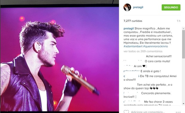 Preta Gil elogia Adam Lambert nas redes sociais (Foto: Reprodução/Instagram)