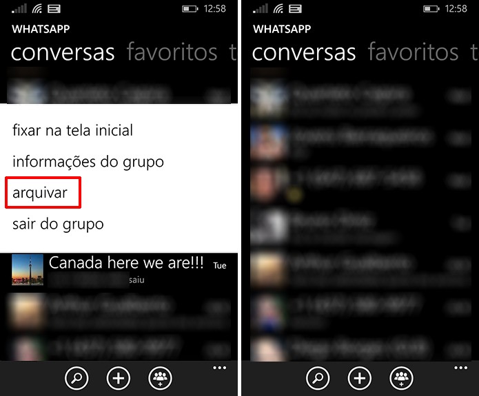 WhatsApp para Windows Phone pode arquivar uma conversa sem excluir histórico de mensagens (Foto: Reprodução/Elson de Souza)