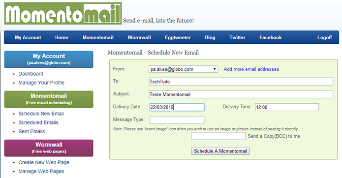 Momentomail é serviço de agendamento simples que funciona com Gmail e Yahoo Mail (Foto: Reprodução/Paulo Alves)