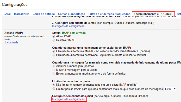 Configurações do Gmail possui informações para usar serviço em outros clientes (Foto: Reprodução/Google)